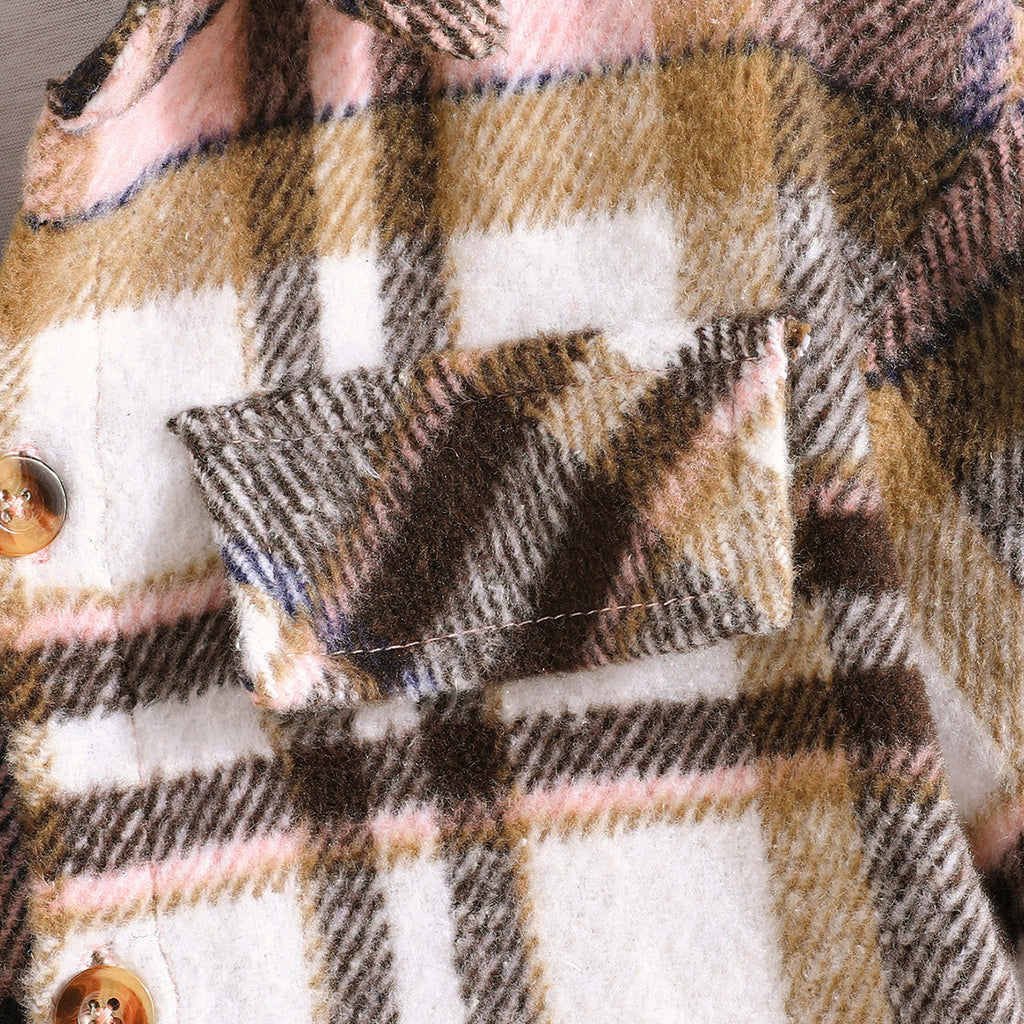 Girls Brown Flannel Checkered Full Sleeves Shacket Coats & Jackets
