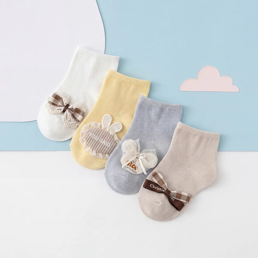 Pack of 4 Girls Multicolour Bunny And Bow Applique Calf Length Socks Socks Multicolor 0-3 M