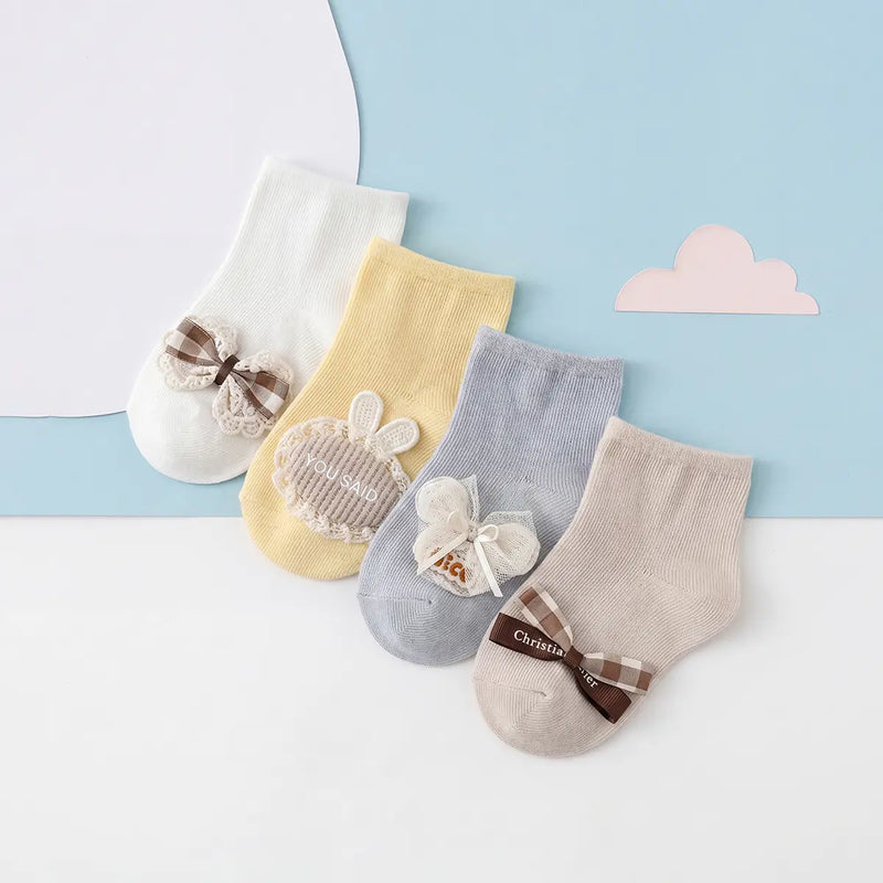 Pack of 4 Girls Multicolour Bunny And Bow Applique Calf Length Socks Socks Multicolor 0-3 M