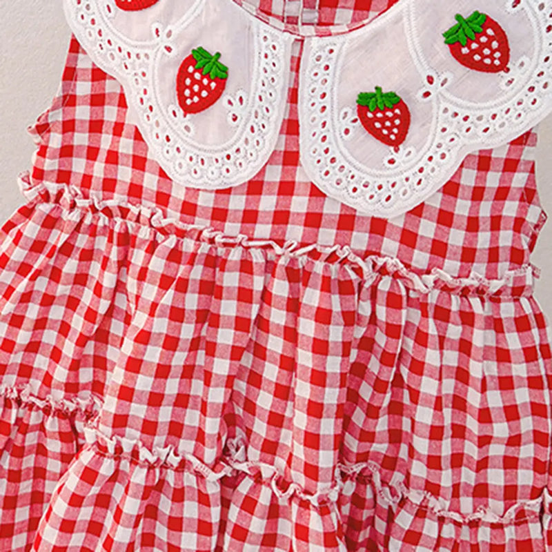 Girls Red Checked Strawberry Applique Sleeveless Tiered Dress Casual Dresses