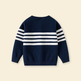 Boys Navy Blue Cardigan With Self-Design Stripe Patterns Sweaters & Cardigans