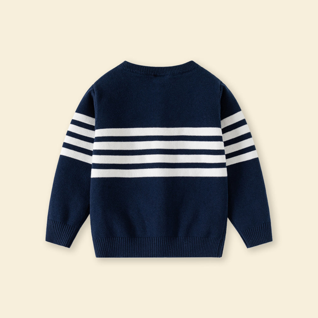 Boys Navy Blue Cardigan With Self-Design Stripe Patterns Sweaters & Cardigans