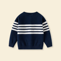 Boys Navy Blue Cardigan With Self-Design Stripe Patterns Sweaters & Cardigans