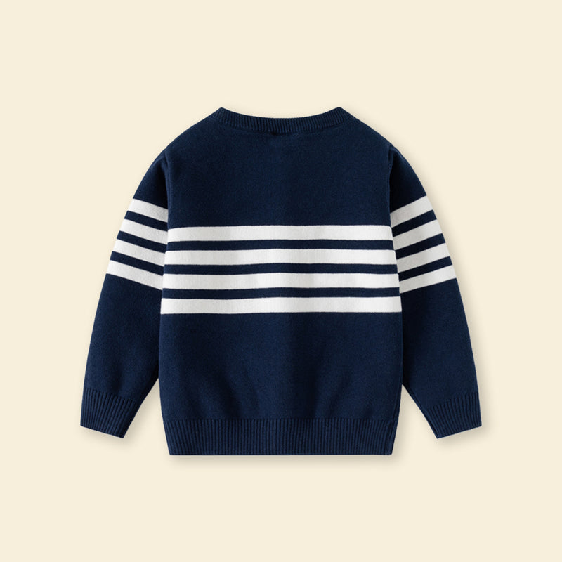 Boys Navy Blue Cardigan With Self-Design Stripe Patterns Sweaters & Cardigans