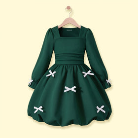Girls Dark Green Bow Applique Balloon Dress Casual Dresses Dark Green 3-4 Y