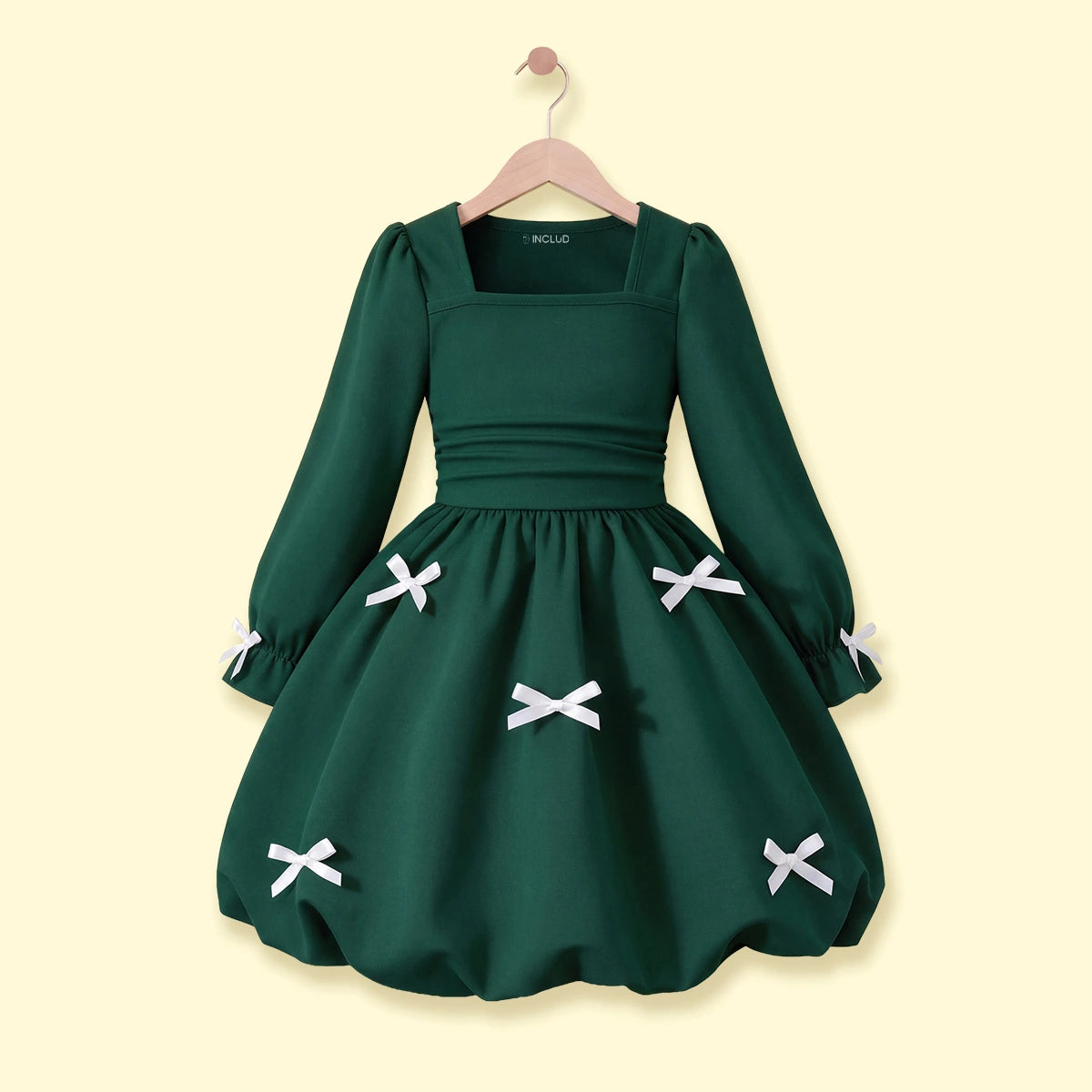Girls Dark Green Bow Applique Balloon Dress Casual Dresses Dark Green 3-4 Y
