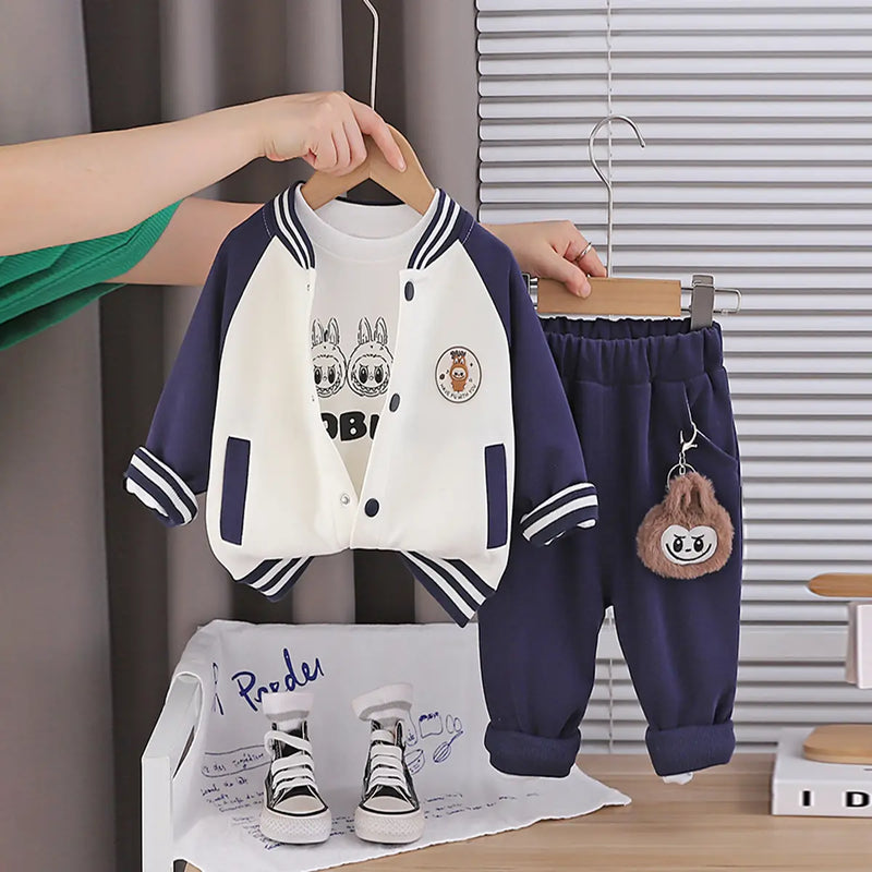 Boys Navy Blue Graphics Printed Varsity Jacket With T-Shirt & Jogger Sets Sets Navy Blue 1-2 Y