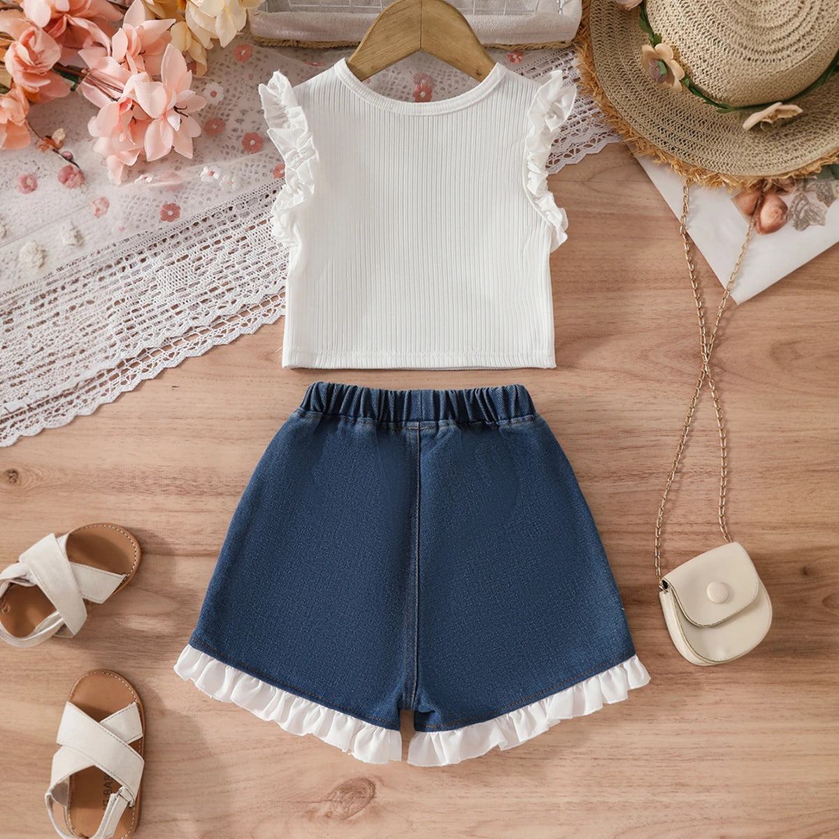 Girls White Sleeveless Top With Denim Shorts Set Sets