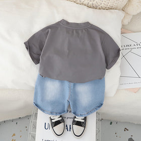 Boys Dark Grey Graphic Short Sleeves T-Shirt With Printed Denim Shorts Set 2 pc. Sets