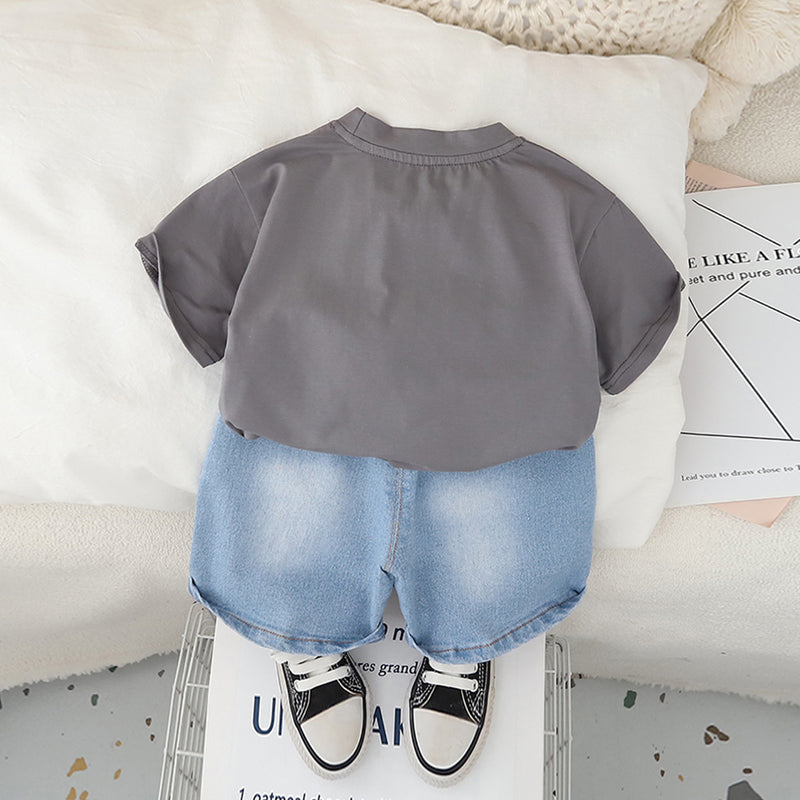 Boys Dark Grey Graphic Short Sleeves T-Shirt With Printed Denim Shorts Set 2 pc. Sets