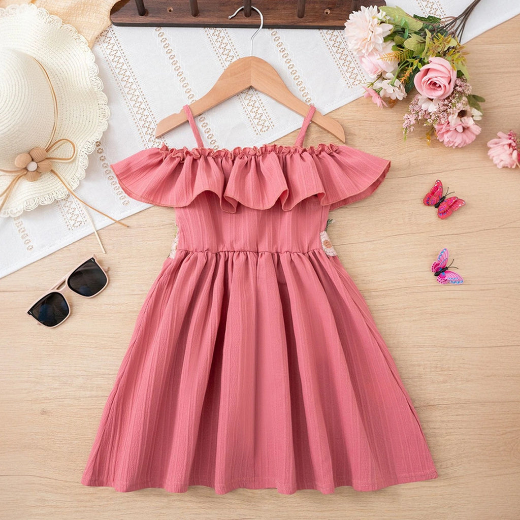 Girls Pink Off Shoulder Fit & Flare Dress With Embroidered Waistline Casual Dresses