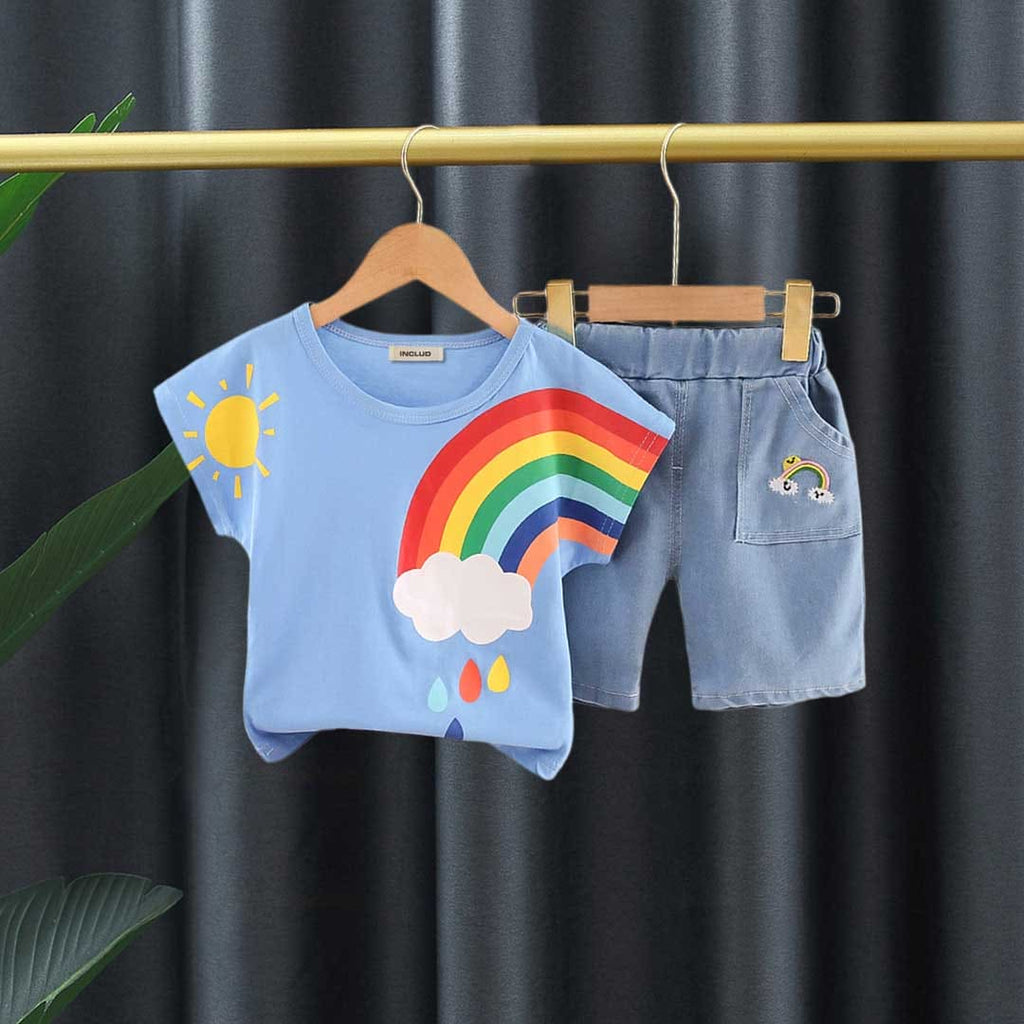 Girls Blue Rainbow Print T-shirt with Shorts Set Sets Blue 1-2 Y 