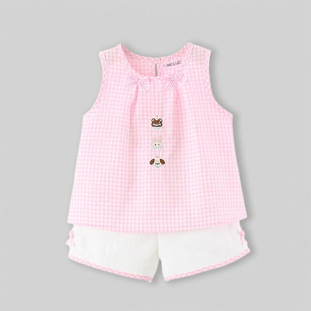 Girls Pink Checked A-line Top With Shorts Sets Sets