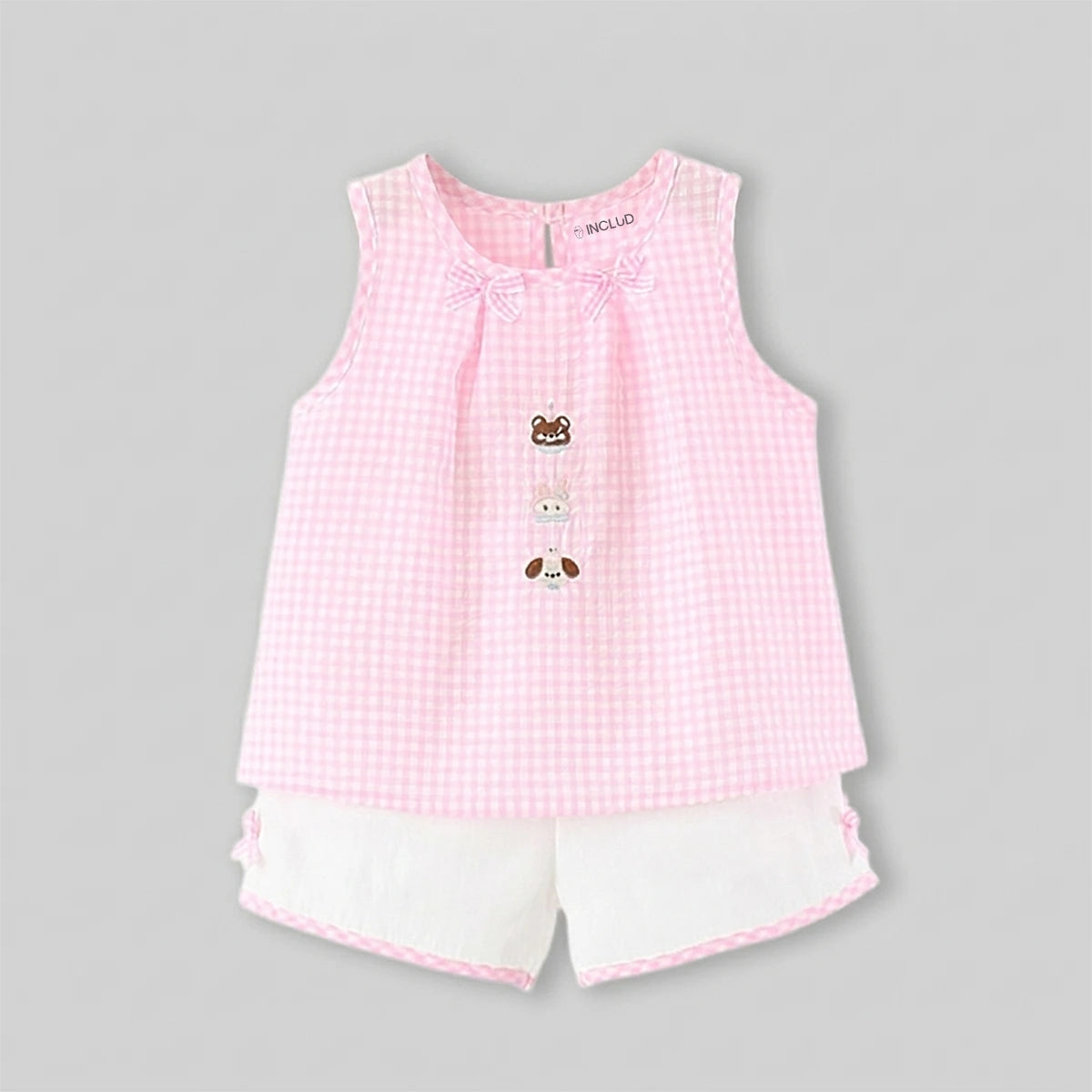Girls Pink Checked A-line Top With Shorts Sets Sets
