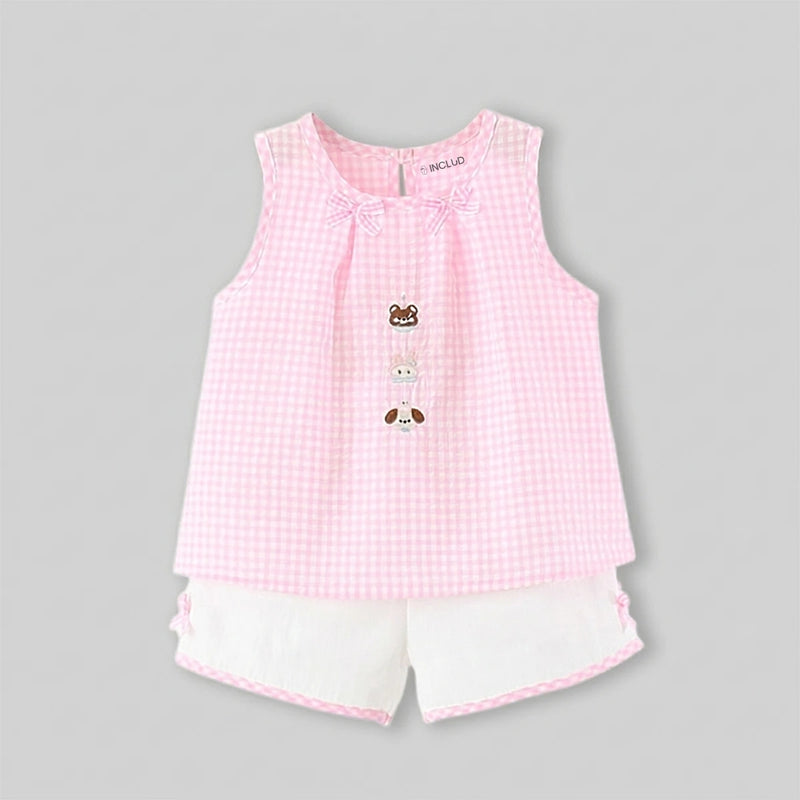 Girls Pink Checked A-line Top With Shorts Sets Sets