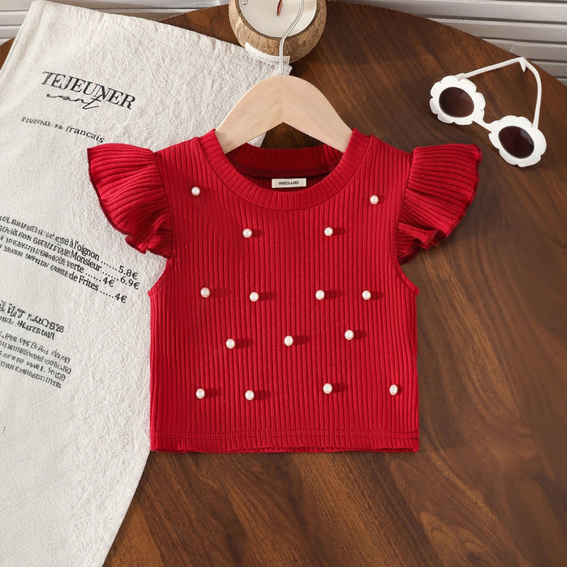 Girls Maroon Pearl Embellished Top With Denim Shorts Set Sets