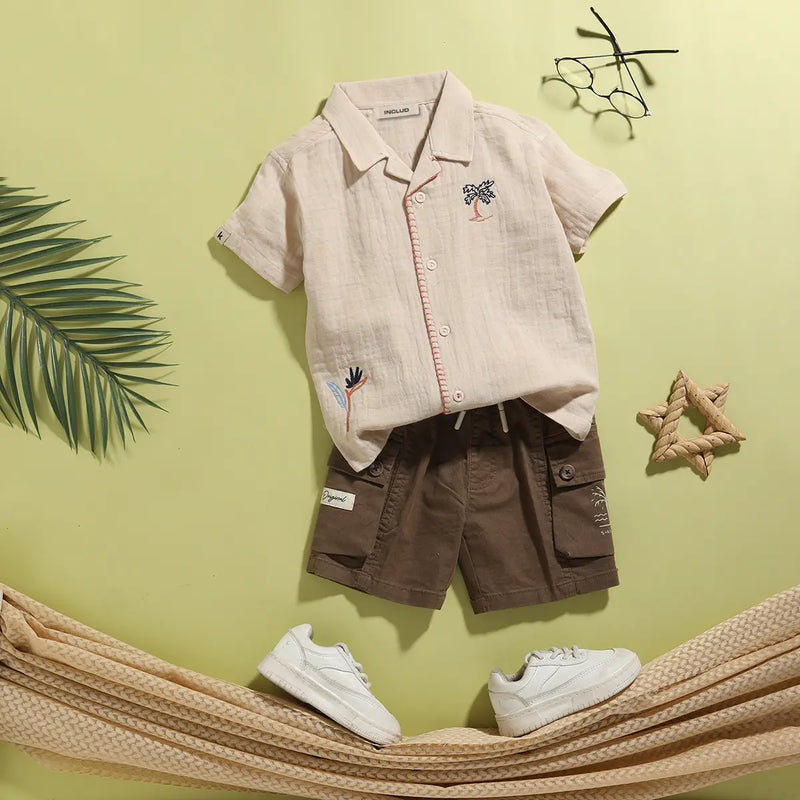 Boys Peach Embroidered Shirt With Cargo Pocket Shorts Sets 2 pc. Sets Peach 6-12 M