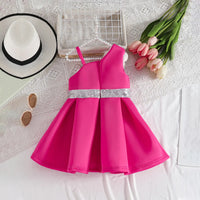 Girls Fuchsia One Shoulder Fit & Flare Party Wear Dress With 3D Flowers Appliques Party Dresses