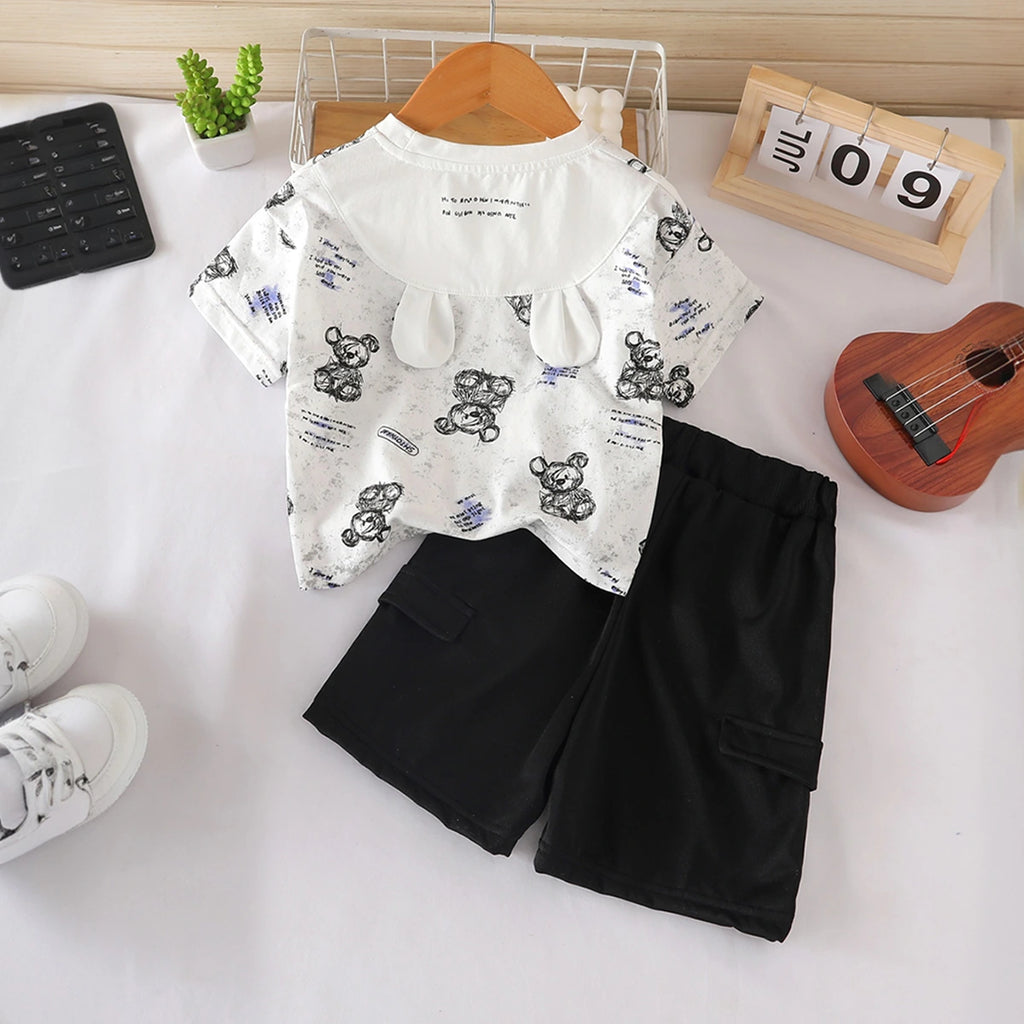 Boys White Bear Cartoon Print Short Sleeves T-Shirt With Shorts Set Sets