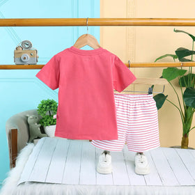 Boys Red Animal Graphics Short Sleeve T-Shirt With Striped Drawstring Shorts Sets Sets