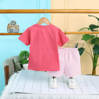 Boys Red Animal Graphics Short Sleeve T-Shirt With Striped Drawstring Shorts Sets Sets