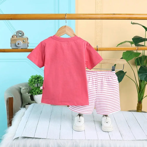 Boys Red Animal Graphics Short Sleeve T-Shirt With Striped Drawstring Shorts Sets Sets