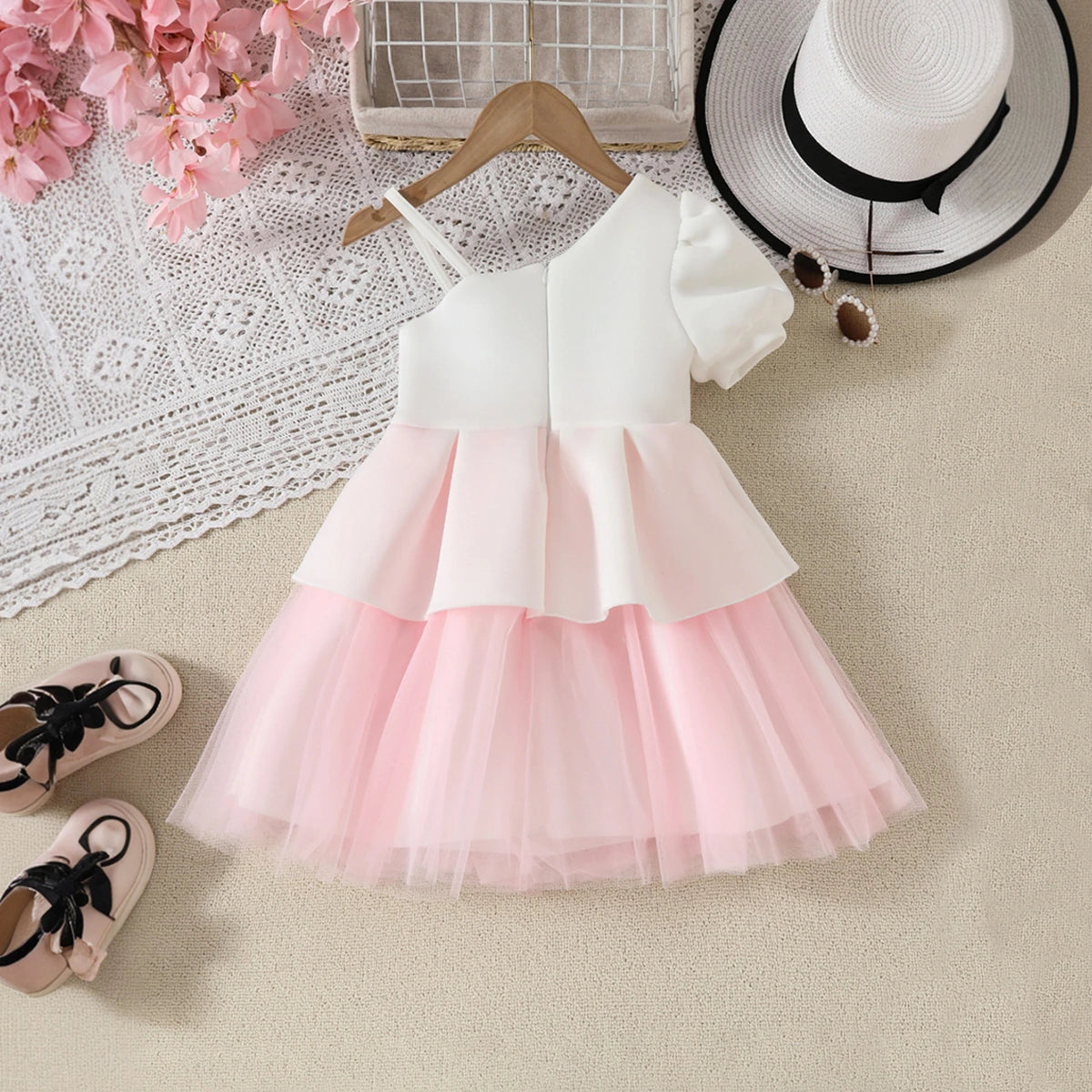 Girls White Flower Applique One Shoulder Fit & Flare Party Dress Party Dresses