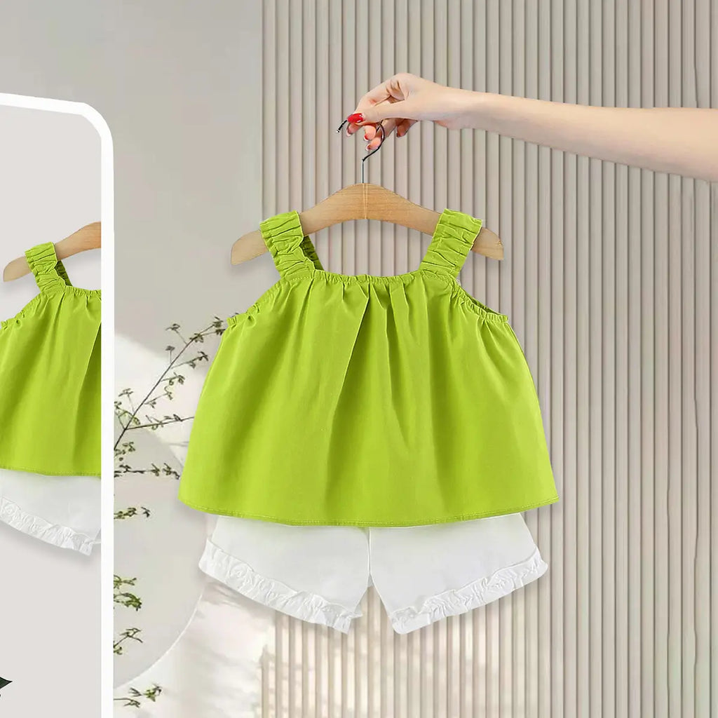 Girls Green Flower Applique Top With Shorts Sets Sets