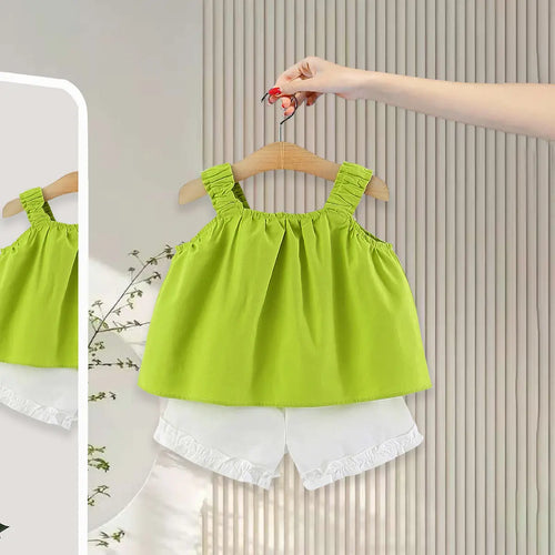 Girls Green Flower Applique Top With Shorts Sets Sets