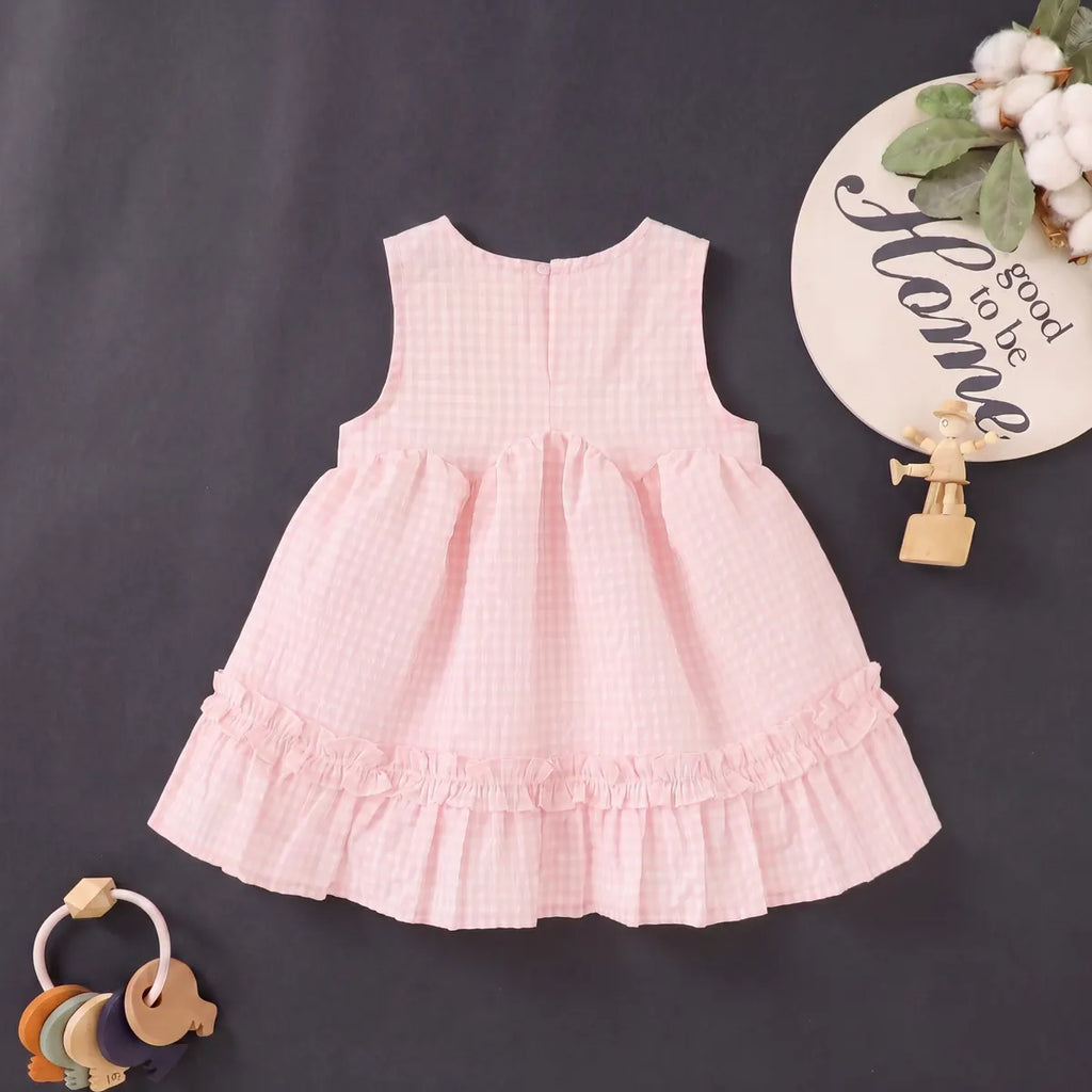Girls Light Pink Checked Fit & Flare Dress With Ruffle Detail Casual Dresses