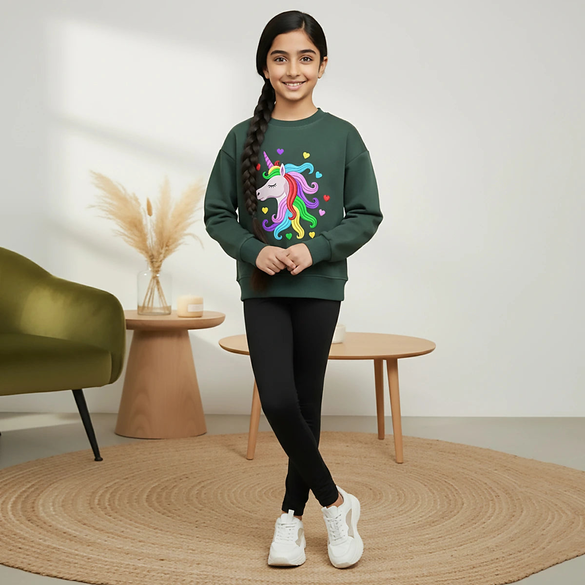 Girls Green unicorn Heart Graphics Round Neck Sweatshirt Sweatshirts & Hoodies Green 6-7 Y