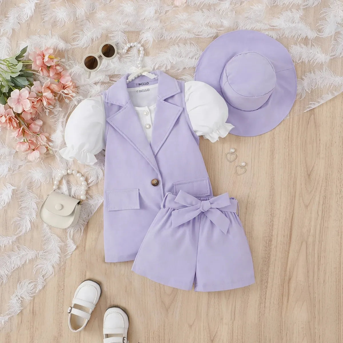 Girls Lavender Short Sleeve Blazer Dress With Top And Shorts Sets 3 pc. Sets Lavender 1-2 Y