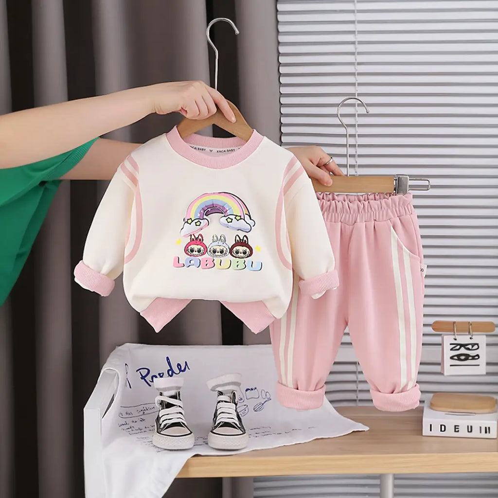 Girls Pink Graphics Printed Sweatshirt With Jogger Sets Sets Pink 1-2 Y