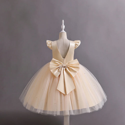 Girls Cream Pearl-Embellished Flutter Sleeve Party Wear Dress Party Dresses