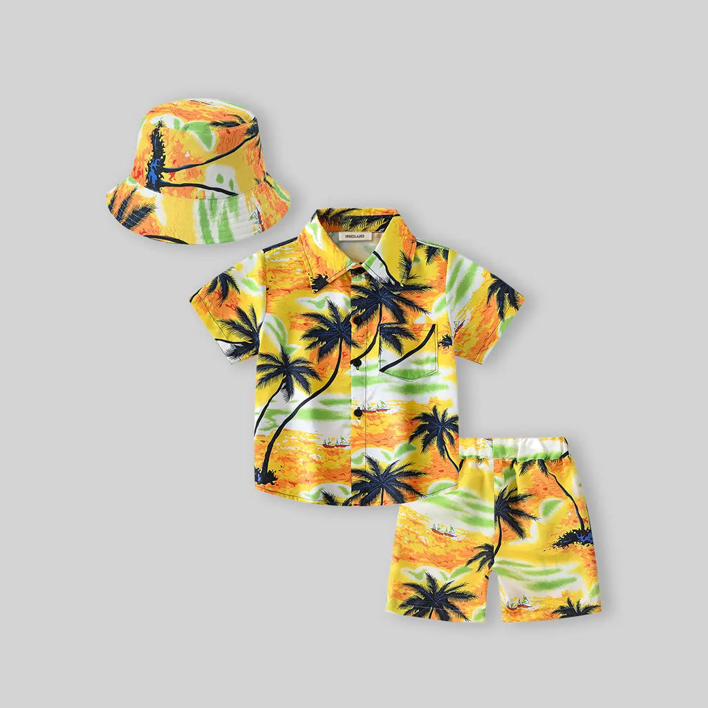 Boys Yellow Tropical Print Button-Down Shirt With Shorts & Hat Co-ord Sets Sets