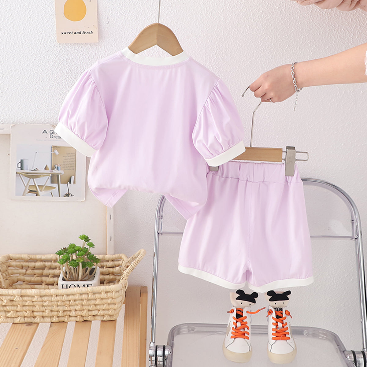 Girls Purple Heart Sequined Puff Sleeves Top With Shorts Set 2 pc. Sets