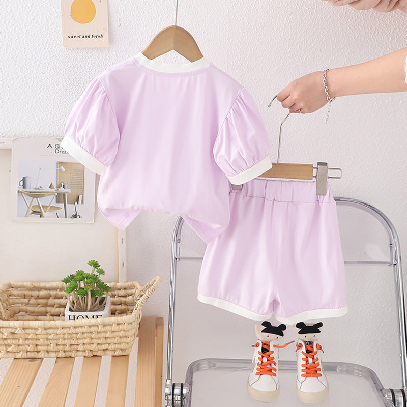 Girls Purple Heart Sequined Puff Sleeves Top With Shorts Set 2 pc. Sets