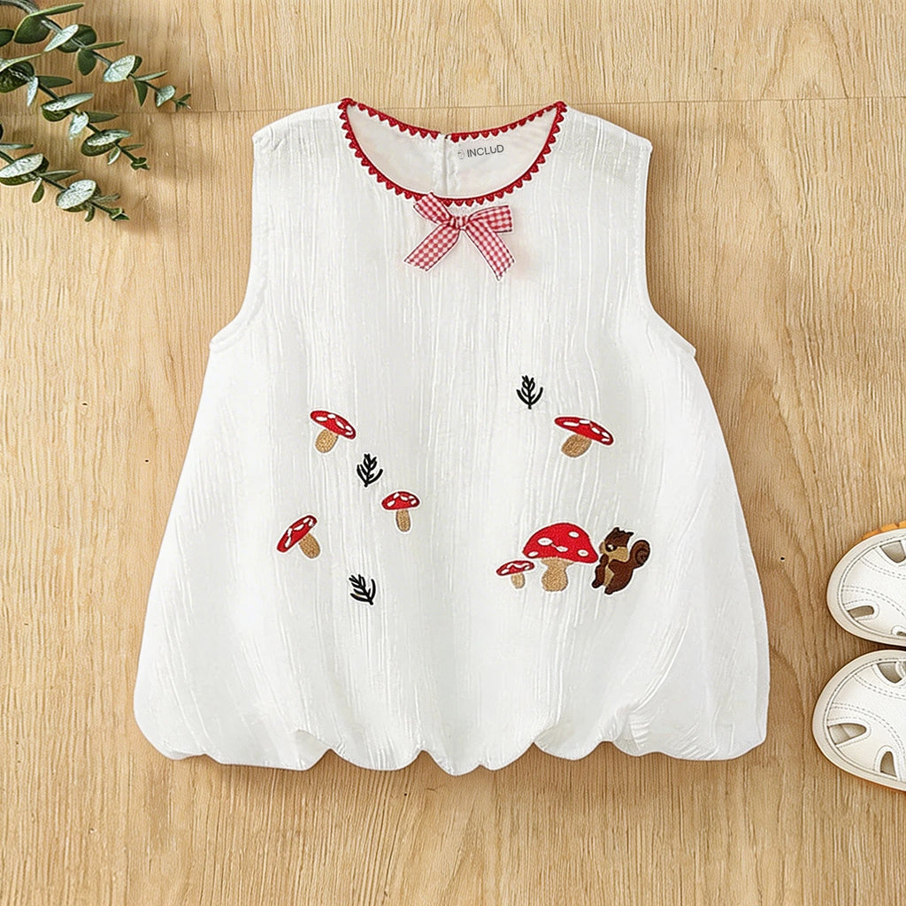 Girls White Mushroom Embroidered A-Line Dress Casual Dresses White 1-2 Y