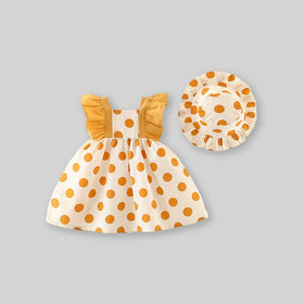Girls Polka Dot Print Flutter Sleeves Dress Casual Dresses Yellow 1-2 Y 