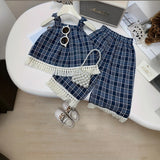 Girls Blue Checked A-line Top & Pants With Fringe Trim Hem Co-ord Sets