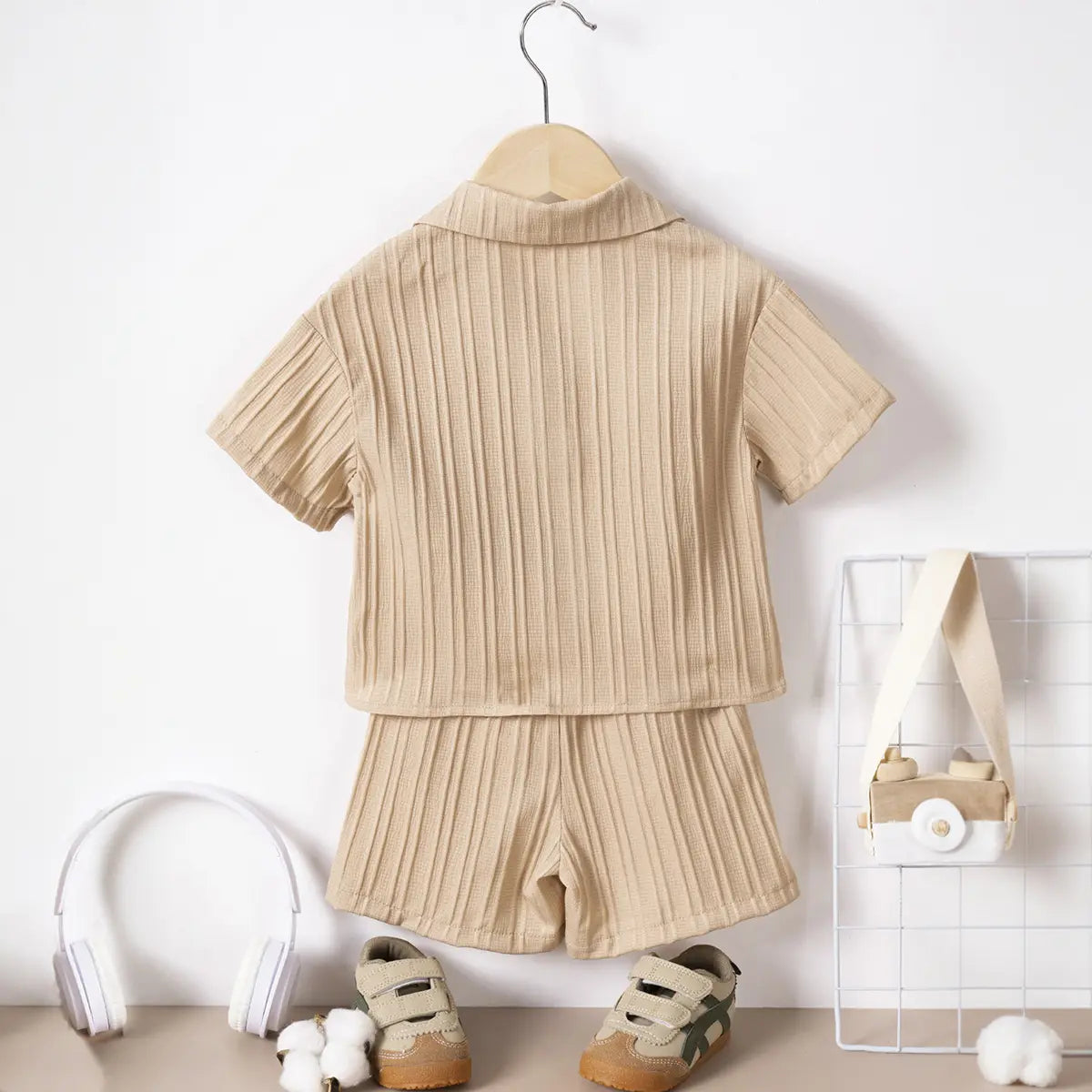 Boys Beige Stripe Short Sleeves Shirt With Shorts Co-ord Sets Sets