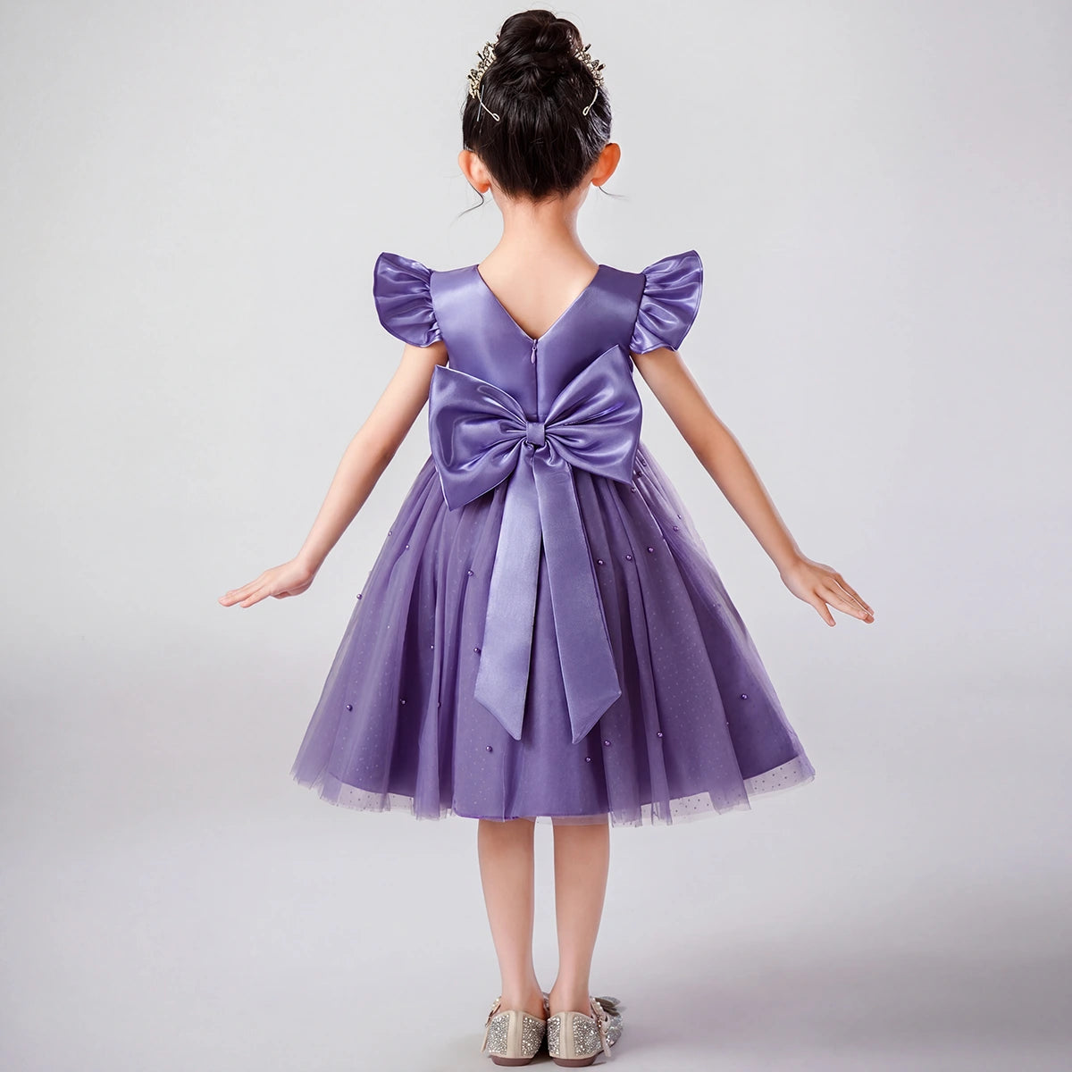 Girls Purple Pearl-Embellished Flutter Sleeve Fit & Flare Dress Casual Dresses