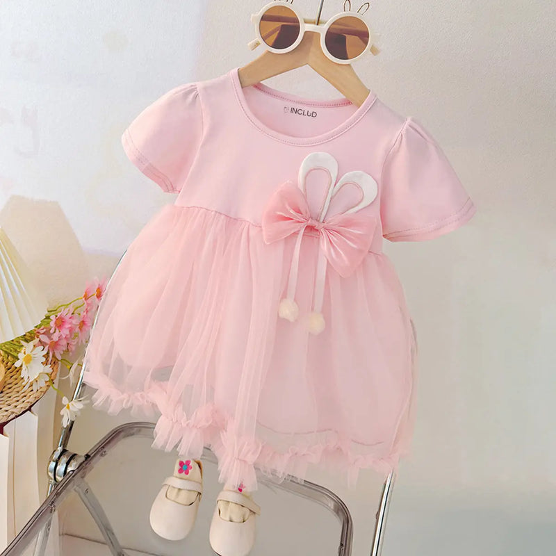 Girls Light Pink Bow Applique Fit & Flare Dress Casual Dresses Light Pink 1-2 Y