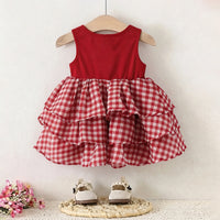 Girls Red Checked Sleeveless Layered Dress Casual Dresses