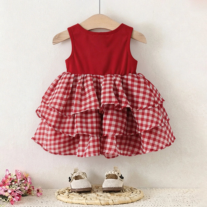Girls Red Checked Sleeveless Layered Dress Casual Dresses