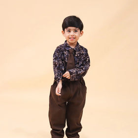 Boys Brown Long Sleeve Printed Shirt With Neck Tie And Pants Set 2 pc. Sets