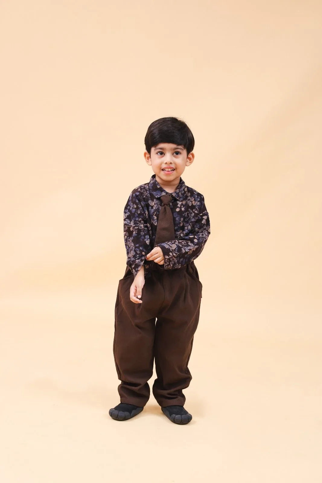 Boys Brown Long Sleeve Printed Shirt With Neck Tie And Pants Set 2 pc. Sets