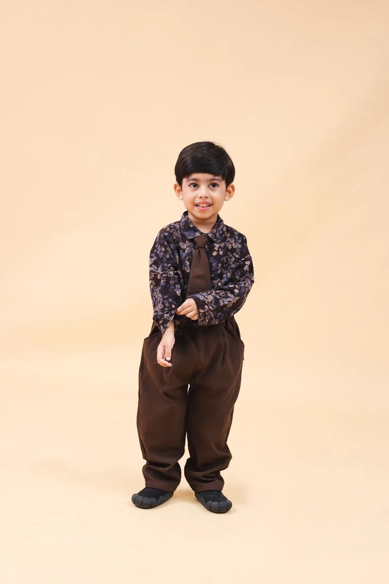 Boys Brown Long Sleeve Printed Shirt With Neck Tie And Pants Set 2 pc. Sets