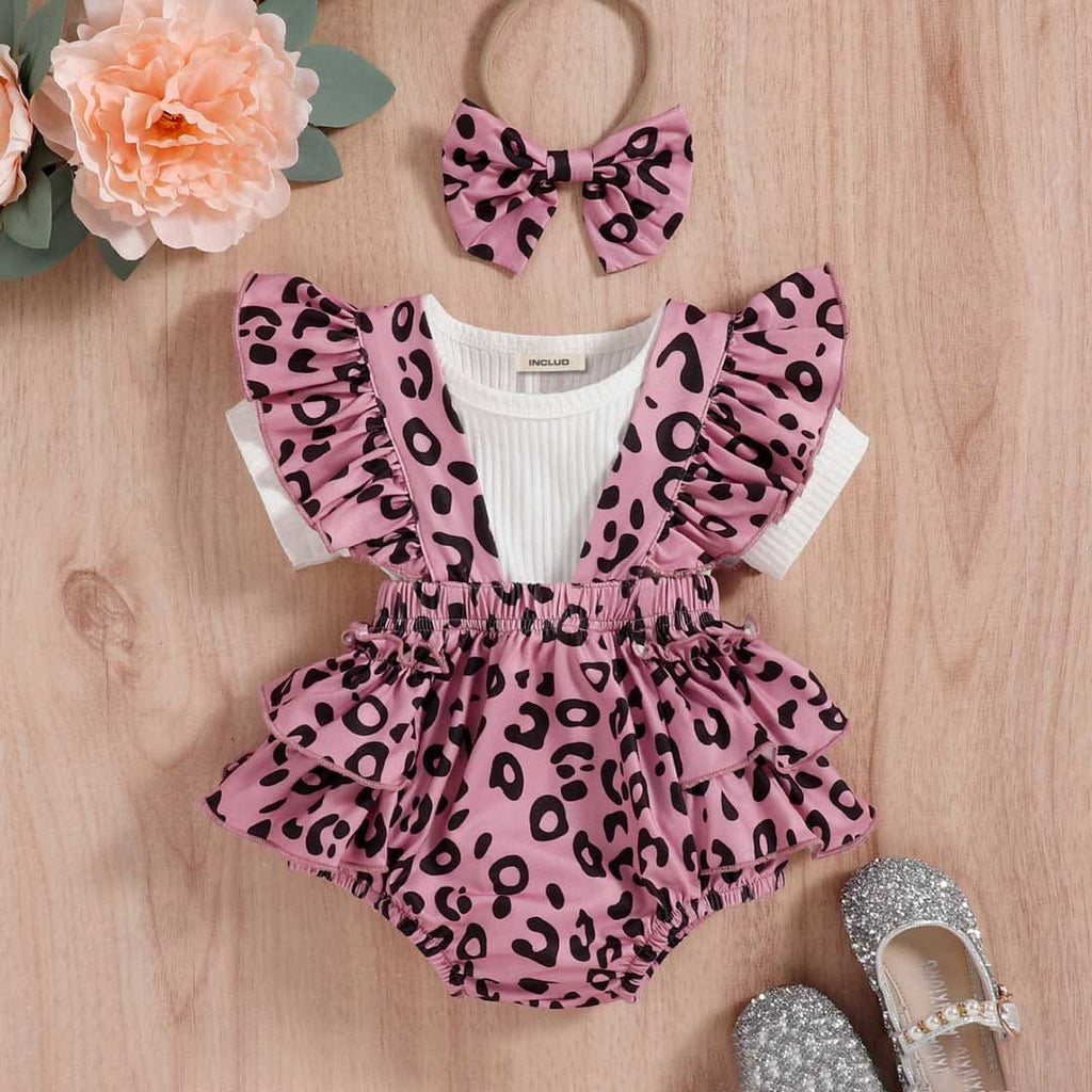 Girls Short Sleeve Knitted Top With Leopard Print Suspender Shorts Set