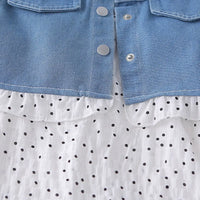 Girls White Polka Dot Spaghetti Strap A-line Dress with Denim Jacket Casual Dresses